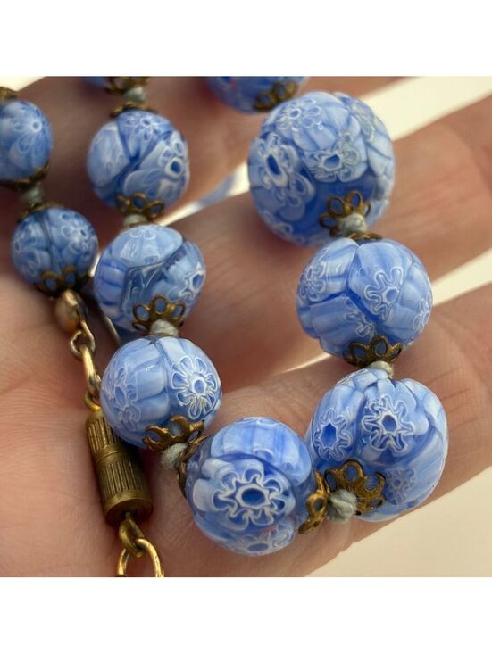 Jewelry - Vintage Blue Millefiori Venetian Textured Graduated Glass Bead 24" Necklace